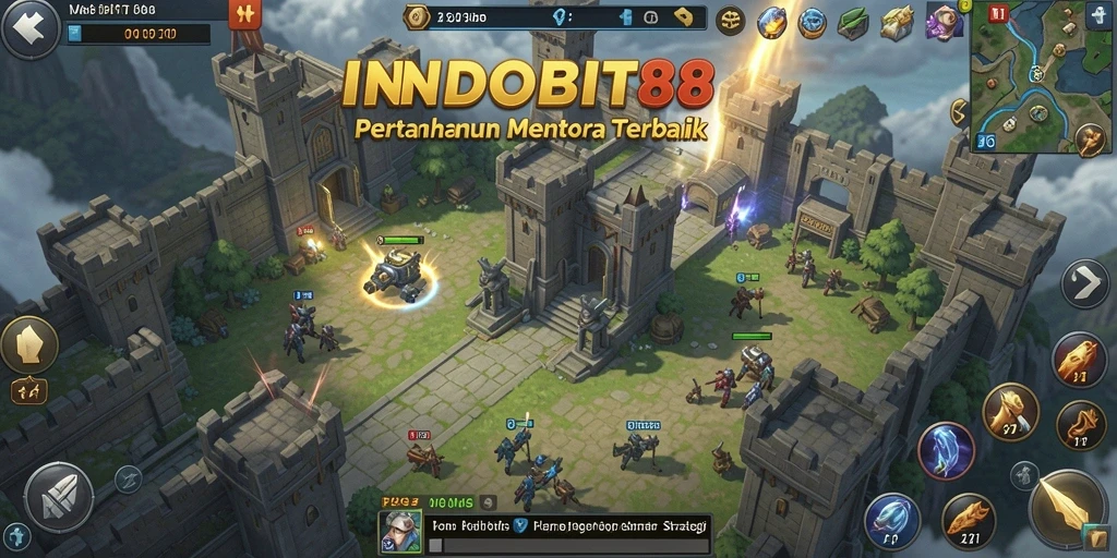Tampilan menarik gameplay Tower Defense INDOBIT88 dengan menara strategis.