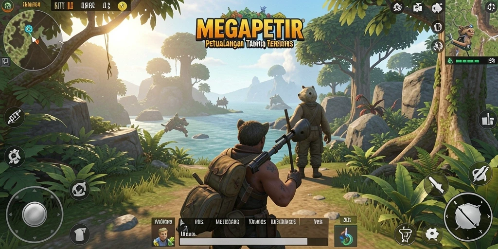Screenshot gameplay MEGAPETIR menampilkan petualangan di dunia terbuka.