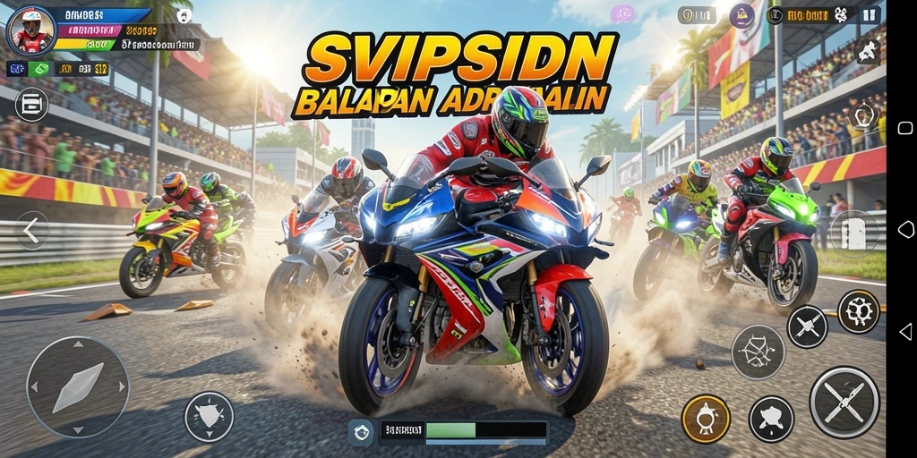 Screenshot gameplay SVIPSIDN menunjukkan aksi balapan motor yang mendebarkan.